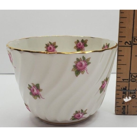 Vtg Ansley Bone China Pudding Cup Pink Roses England Gold Rim Wave Design - Picture 11 of 11